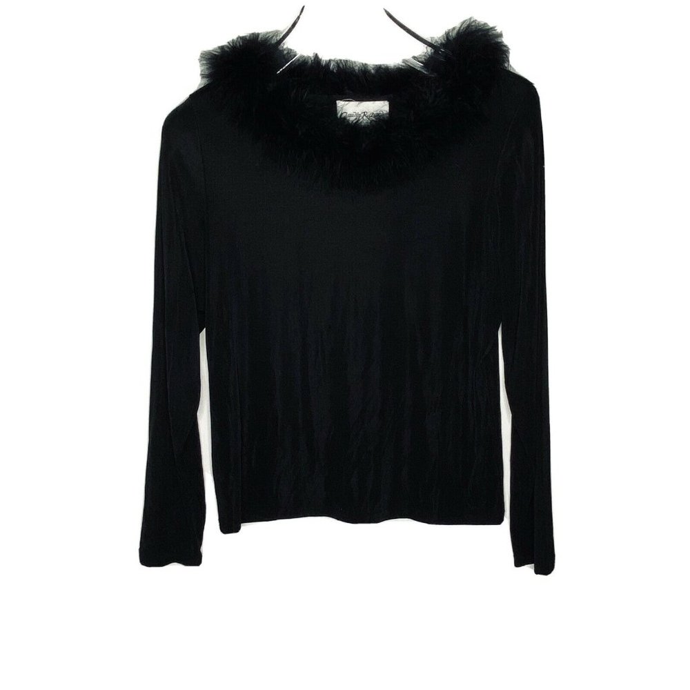 Vtg 80s Black Marabou Feather Trim Sweater Sz S